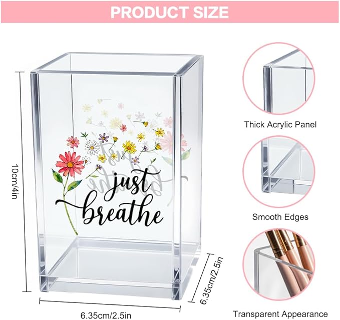 Vgrti Just Breathe Acrylic Cosmetic Pencil Pen Holder Cup, Inspirational Dandelion Desk Organizer Accessories for Home Office Decor, Encouragement Gifts for Women Girl Coworker Daughter Yoga Teacher