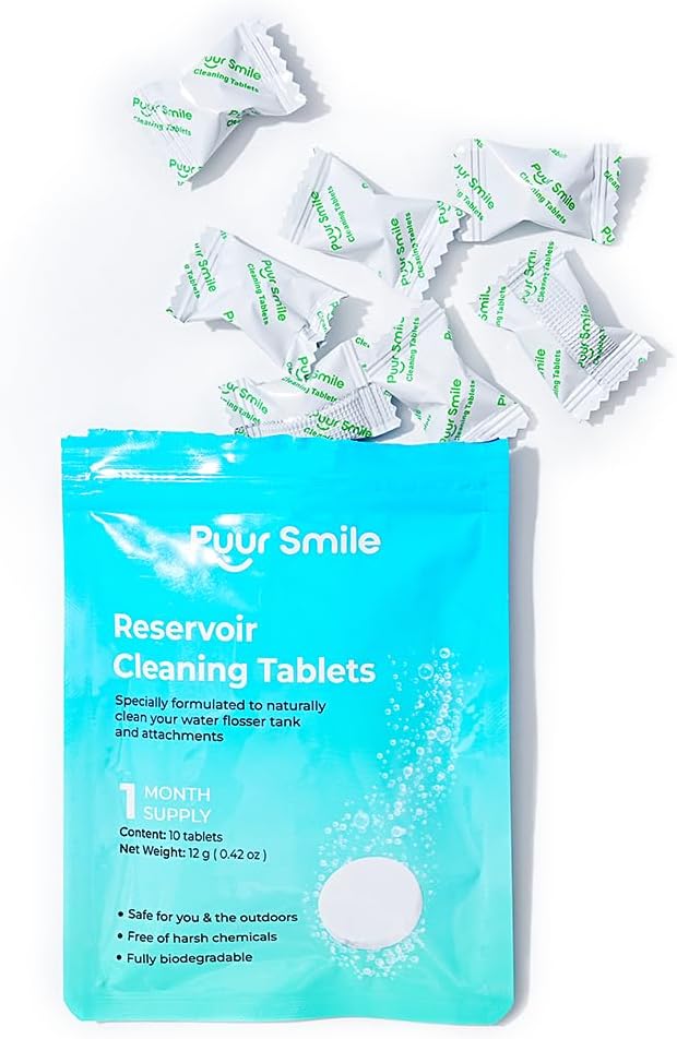 Puur Smile Water Flosser Reservoir Cleaning Tablets – 1 Month Supply – Deep Clean for Water Tank & Attachments – Natural Ingredients, Biodegradable, Safe & Easy to Use (10 Tablets)