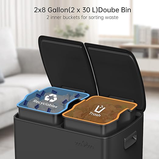 mVm Kitchen Trash Can,2x5.3Gallon(2x20L) Double Trash cans and Recycle Bin Combo with Lid and Anti-Fingerprint,Foot-Pedal,Soft-Close.Stainless Steel Garbage Can for Kitchen,Living Room(Matte Black)