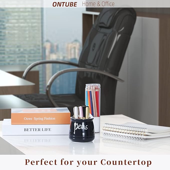 ONTUBE Porcelain Pens Holder Stand,Ceramic Pencils Holder (Black)