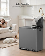 Dual Trash and Recycling Bins for Kitchen, 13.2 + 5.2 Gal (50+20L) Stainless Steel Trash and Recycle Bin Combo with Soft-Close Lid, Large Garbage Cans for Kitchen Home with 2 Magnets Sticker, Grey