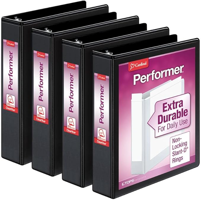 Cardinal Performer 3-Ring Binders, 1.5", Non-Locking Slant-D Rings, 375-Sheet Capacity, ClearVue Presentation, Non-Stick, PVC-Free, Black, 4-Pack (27401)