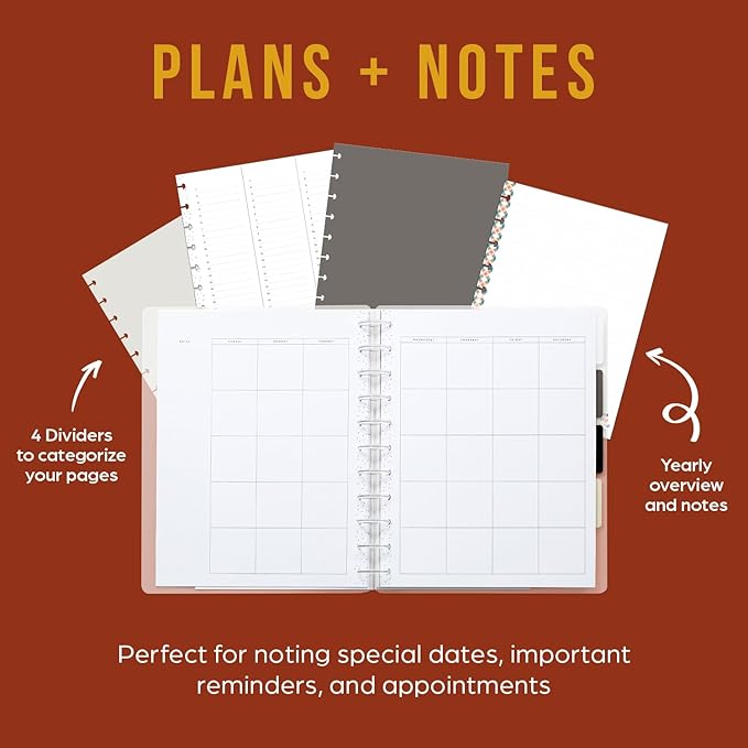 Happy Planner Undated Plans + Notes Monthly Planner Notebook Journal, 12-Month Planner, Modern Texture, Big Size, 60 Pages, 4 Dividers, 4 Sticker Sheets, 8.5" x 11"