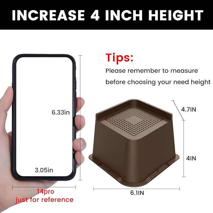 MXMZHXU Bed Risers 2 inch, 3 inch, 4 inch, 6 inch or 8 inch Heavy Duty Furniture Risers, Up to 6000 Lbs L Shaped Design Bed Lifts Blocks for Couch Desk Sofa Table (Dark Brown 4 Pack, 4 Inch)