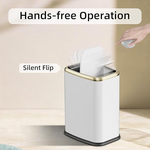 KHMMGK 8L/2.1 Gallon Small Bathroom Trash Can with Lid, Swing-Top Rectangular Waste Bin, Stainless Steel Garbage Can for Home, Office, Toilet, Bedroom, Living-Room (White)