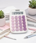 BTSEYAW Mechanical Calculator, Cute Calculator with Dual Power 8 Digit Tilt Screen and Big Button for Teachers Students Basic Office (White and Purple)