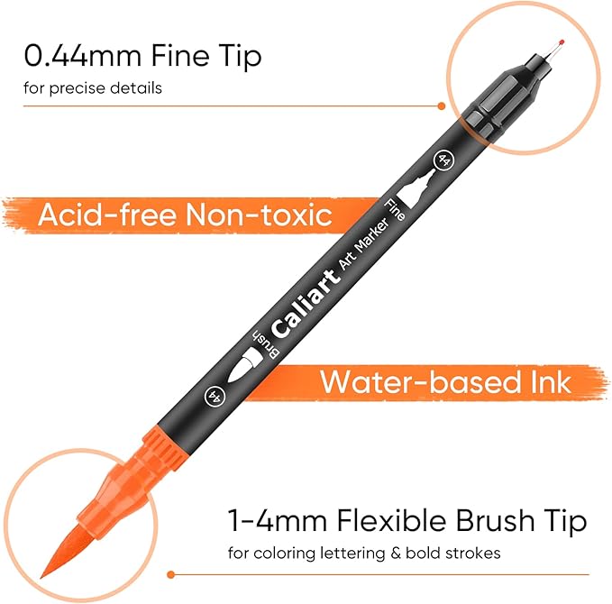Caliart 72 Colors Double Tip Brush Pens Art Markers, Artist Fine & Brush Pen Coloring Markers for Adult Book Cards Drawing Craft Kit Teacher Office Supplies