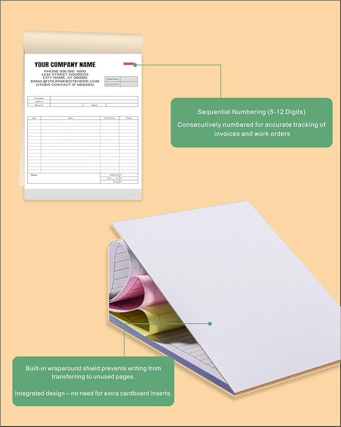 Custom Carbonless Invoice Book with Logo, Personalized Cover & Inner Pages, 2 Part NCR Receipt & Work Order Forms, Easy Tear, Writing Shield for Small Business (Upload Your Design, 7.48 x 5.12INCH)