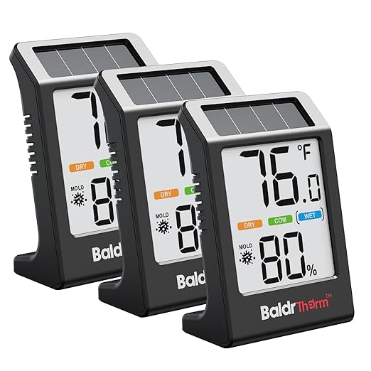 BaldrTherm Room Thermometer Indoor Humidity Meter, Solar-Powered 3.2'' Digital Temperature Sensor Monitor with 5-Comfort Indicator for Baby, Home, Office, Black, 3Pack