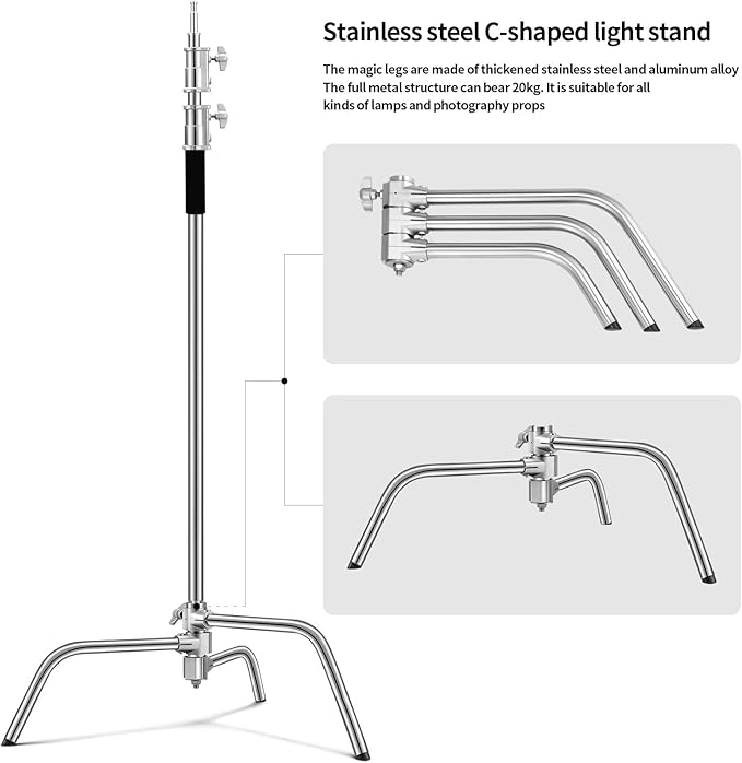 Soonpho 2 Packs Heavy Duty C-Stand Kit,Stainless Steel Photography Light Stand Base,Adjustable 5-10.8 feet Sturdy Tripod for Studio Softbox, Monolights, Reflector, Umbrella