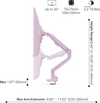 Pixio PS1S Wave Pink Single Monitor Arm Stand Desk Mount - Fits up to 32 inches Monitors and up to 19.8lbs. VESA Compatibility and Integrated Cable Management