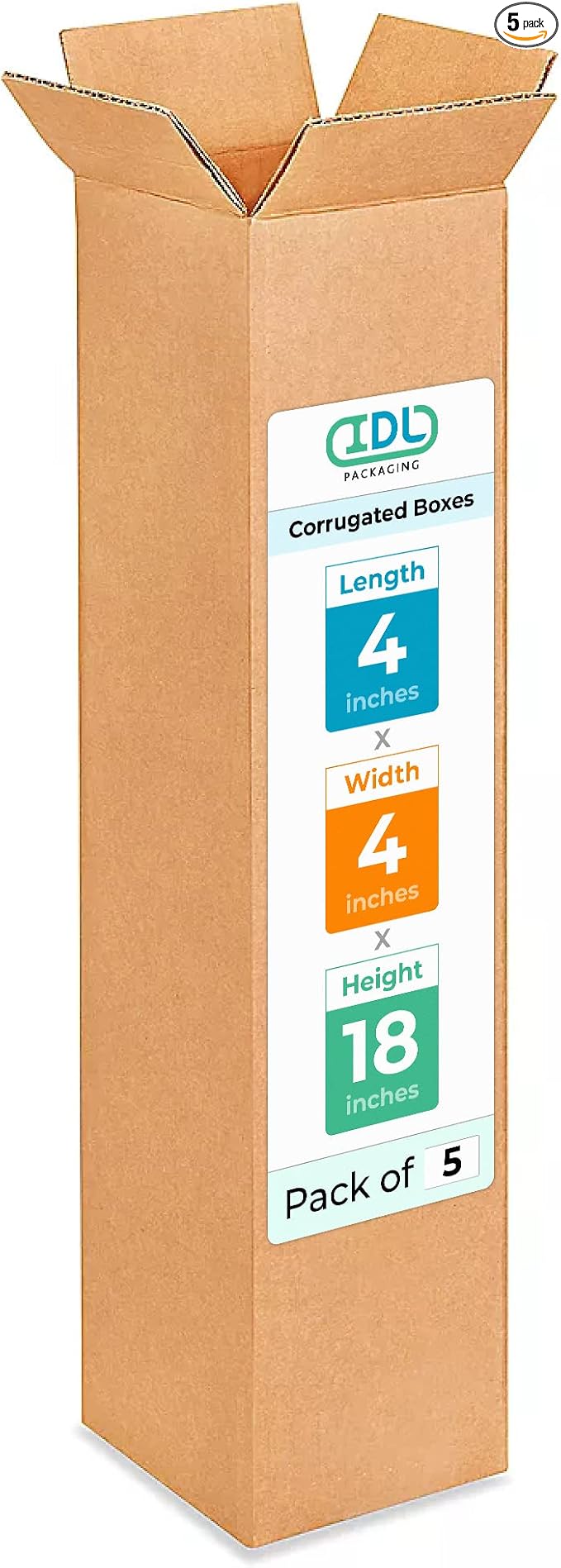 IDL Packaging Tall Corrugated Shipping Boxes 4"L x 4"W x 18"H (Pack of 5) - Excellent Choice of Strong Packing Boxes for USPS, UPS, FedEx Shipping - Easy-to-Recycle Cardboard Boxes