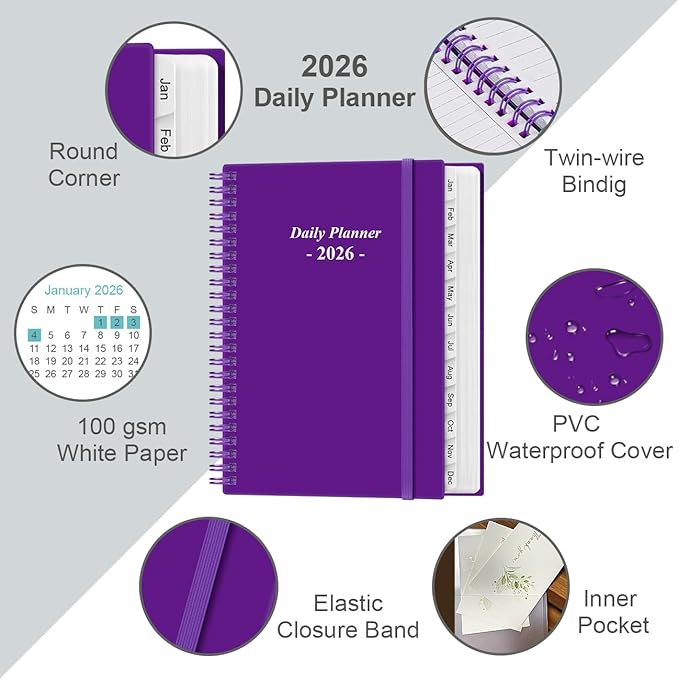 Daily Planner 2026 Full Page Per Day- 2026 Daily & Monthly Planner from January 2026 to December 2026, Day Planner 2026 with 12 Months Tabs, 6.4" x 8,5", Purple