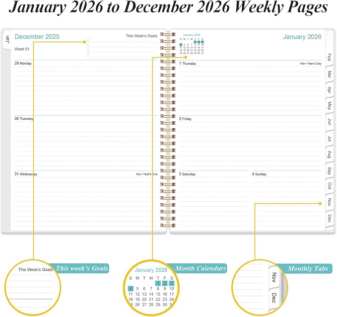 2026 Planner - Planner 2026 from January 2026 to December 2026 with 12 Monthly Tabs, Flexible Cover, Inner Pocket, 8.5" x 11", Leaf Black
