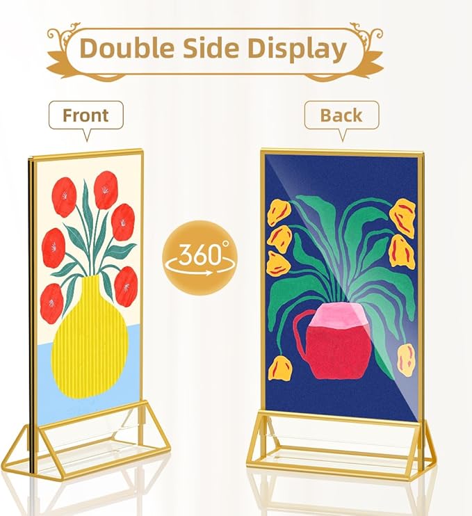 8.5 x 5.5 Acrylic Sign Holder with Gold Frame, Double Sided Display Stand Ideal for Display Wedding Table Numbers, Picture, Flyer Menu Holder, 6 Packs