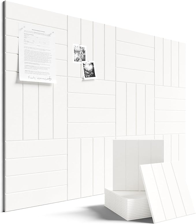 Fluxynara Felt Bulletin Board Tiles Large 48" x 36" Cork Board Alternative-12 Pack with 70 Adhesive Tabs, Thick Slat Wall Panels for Office Decor, Push Pin Board Wall Organizer Alternative-Milky White