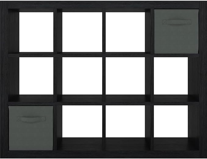 furtble Bookshelf with Storage Bin, 12-Cube Storage Organizer, Modern Wood Open Bookcase, Multifunctional Display Shelf for Living Room, Bedroom, Home Office, Black