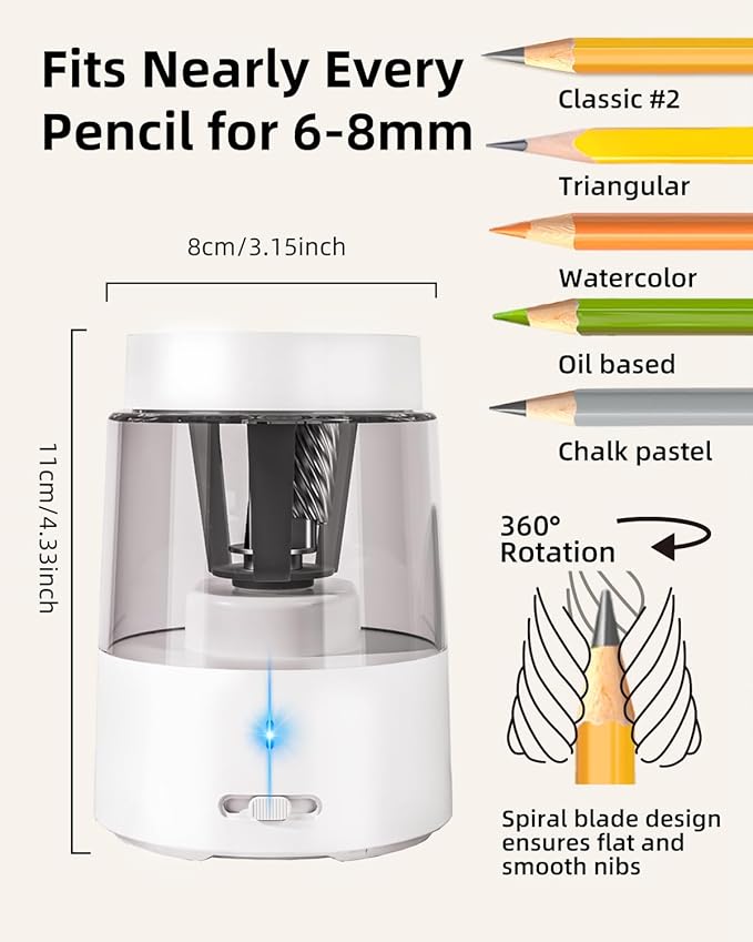 ZMOL Electric Rechargeable Pencil Sharpener, Automatic Pencil Sharpeners Kids, Battery Powered Pencil Sharpeners for Colored Pencils, Auto Stop, Suitable for No.2(6-8mm), Classroom/Home White