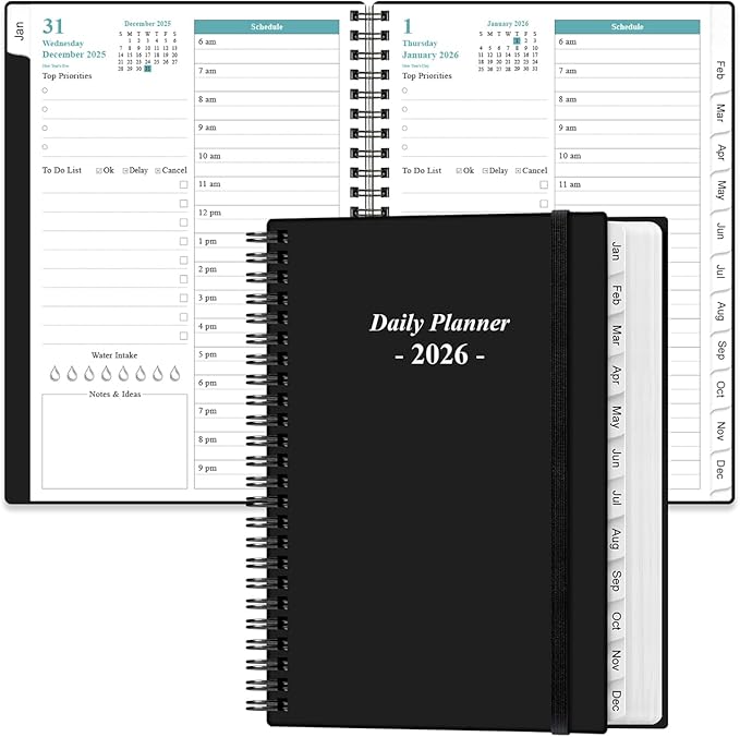 Daily Planner 2026 Full Page Per Day- 2026 Daily & Monthly Planner from January 2026 to December 2026, Day Planner 2026 with 12 Months Tabs, 6.4" x 8,5", Black