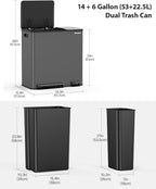 Lovewind Dual Trash Can, 14 + 6 Gallon Garbage Can for Kitchen Dual Compartment Recycling Kitchen Step Trash Bin, Stainless Steel Trash and Recycle Bin Combo with Soft-Close Lid, Grey