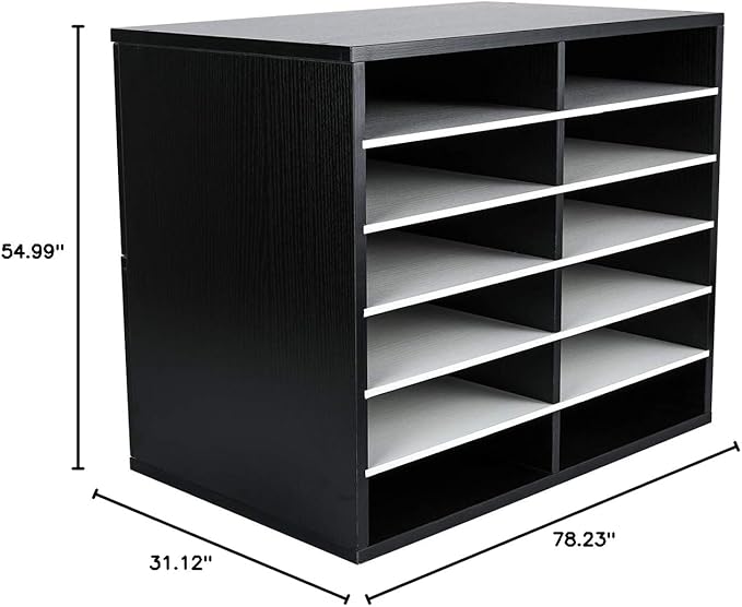 EasyPAG Wooden Literature Organizer with Adjustable Shelves, 12 Compartments Office Paper Organizer Storage 6000 Sheets Letter Size Paper, Student Mailbox for Classroom, Black/White