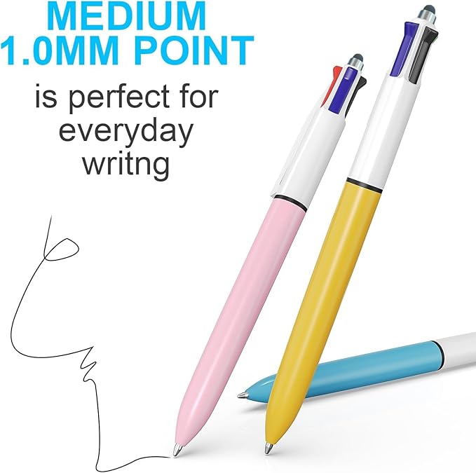 Aosrpvoi 8-Pack Multicolor Ballpoint Pens with Stylus Tip - 4 Colors in One (Red, Blue, Black, Green) 1.0mm Smooth Writing for Planners