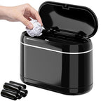 PAVSTINE Mini Trash Can for Desk with 5 Rolls of Trash Bags, Small Press-Top Countertop Garbage Bin, Removable Waste Basket for Bedroom, Vanity, Coffee Table, Kitchen (Black Full-Lid)