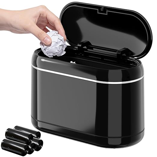 PAVSTINE Mini Trash Can for Desk with 5 Rolls of Trash Bags, Small Press-Top Countertop Garbage Bin, Removable Waste Basket for Bedroom, Vanity, Coffee Table, Kitchen (Black Full-Lid)