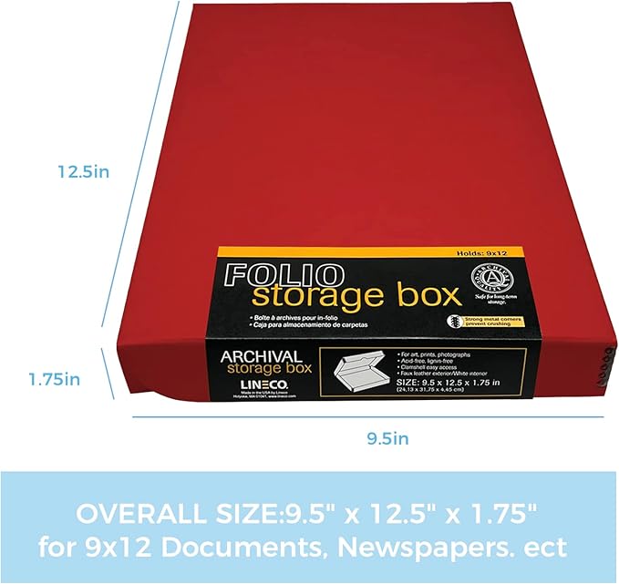 Lineco Folio Storage Box, Faux Leather Cover, Clamshell Design, 9.5x12.5x1.75 Inches, Archival Boxboard, Preserve Photos, Cards, Magazines, Documents, Art, Ephemera, Family Records, Red, Pack of 1