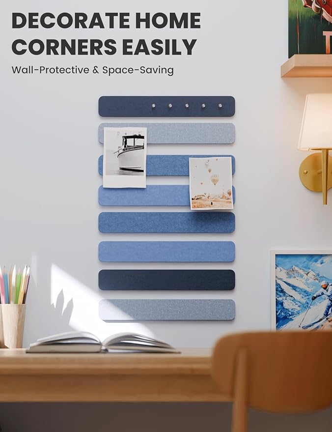 Fluxynara Cork Board Alternative Felt Strip Board 8-Pack 13"x2", Office Pin Board with 50 Push Pins, Adhesive Install for Bedroom Door & Home Office(Denim Mist)