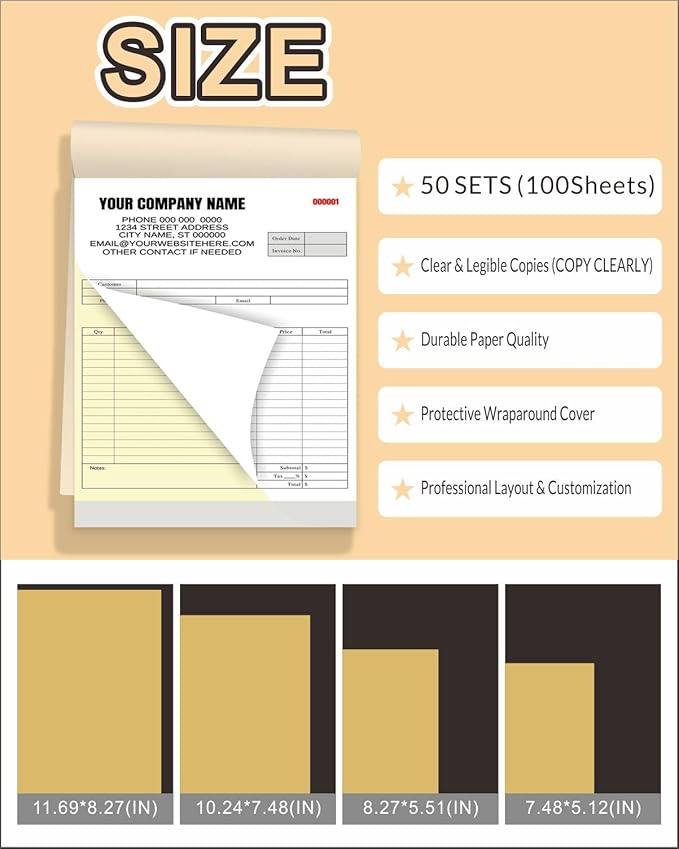 Custom Carbonless Invoice Book with Logo, Personalized Cover & Inner Pages, 2 Part NCR Receipt & Work Order Forms, Easy Tear, Writing Shield for Small Business (2-part [White/Yellow], 7.48 x 5.12INCH)