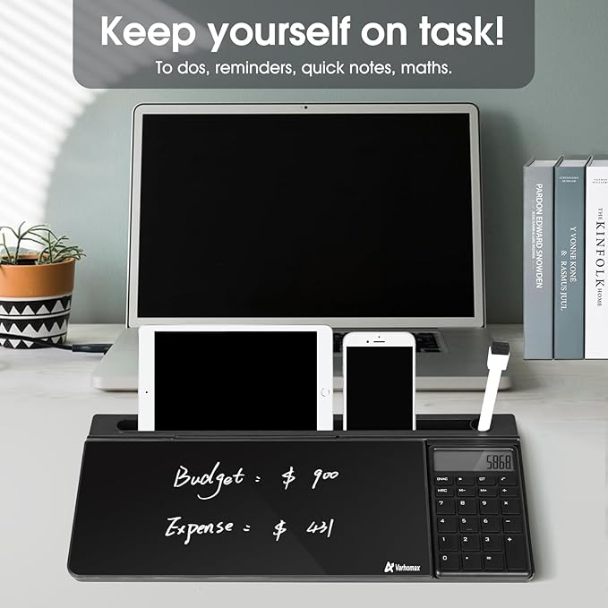 Varhomax Glass Desk Whiteboard Gray with Calculator, Desktop Organizer Dry Erase White Board with Storage, to Do List Memo Notepad for Home Office and School Supplies