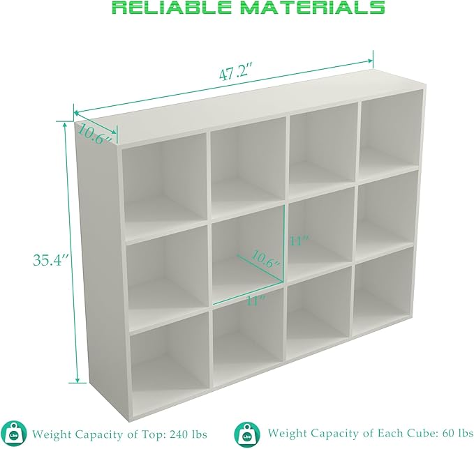 OSCHF 12-Cube Storage Shelf Bookcase - Wooden 3-Tier Floor Standing Open Bookshelf for Home and Office, Display Cabinet, Warm White