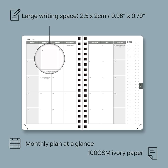 POPRUN 2026 Planner Weekly Notebook (Jan-Dec), Small Size 4''x 6.25'' - 2026 Pocket Calendar for Purse with Spiral Soft Cover, Plastic Ruler, Inner Pocket, 100 GSM - Lilac