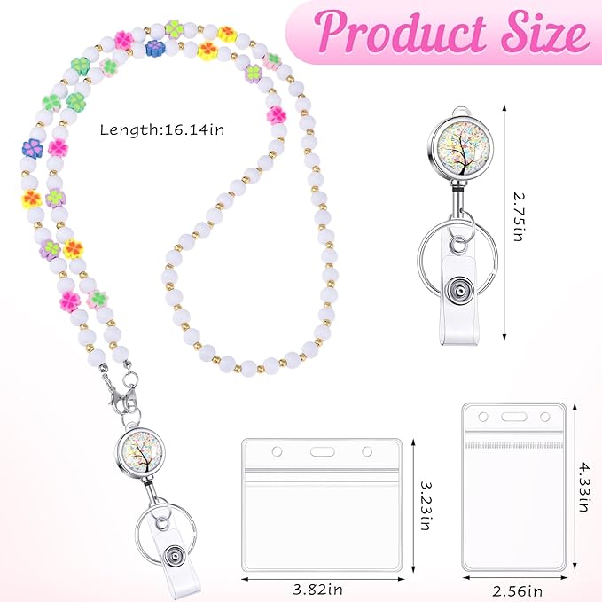 Teacher Lanyard with ID Holder Cute Flower Wooden Beaded Lanyards for ID Badge Holders Retractable Badge Reel Keys Eyeglass Chains