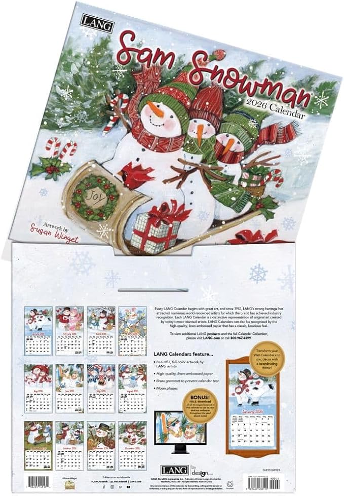 Lang Sam Snowman 2026 Wall Calendar – 12-Month Calendar with Stapled Binding, Whimsical Snowman Artwork by Susan Winget, 13.4" × 12"
