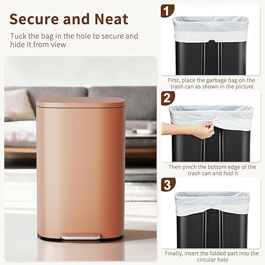 PayLessHere Trash Can Kitchen Stainless Steel Trash Can Trash Can with Lid Removable Inner Bucket Foot Pedal Soft Close for Office Home Kitchen Garbage Can Trash Bin (Pink, 13 G)