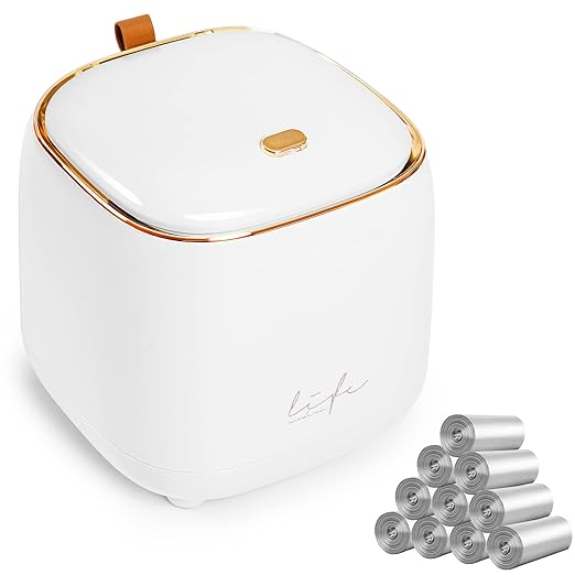 Daphilly Mini Countertop Trash Can with 1.5L Capacity, 12 Rolls of Trash Bags, Press-Type Lid, Black, Green