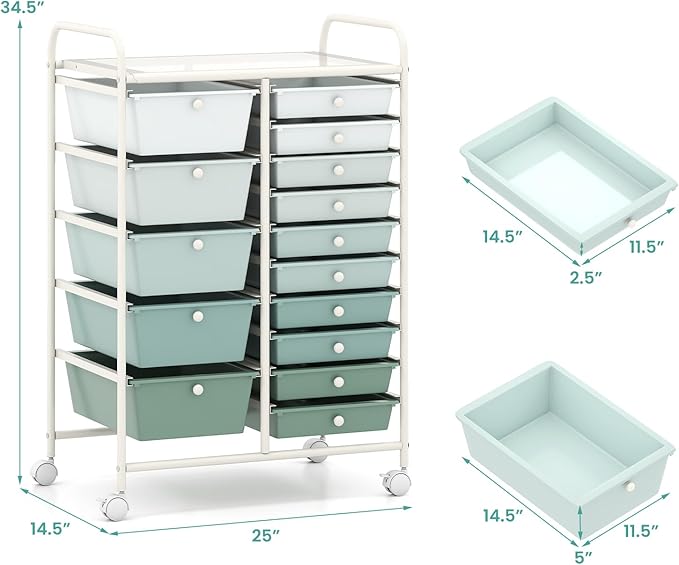 HAPPYGRILL 15-Drawer Rolling Cart, Storage Carts with Removable Drawers & Steel Frame, Utility Cart on Lockable Wheels for Home, School, Office, Macaroon, Gradient Green