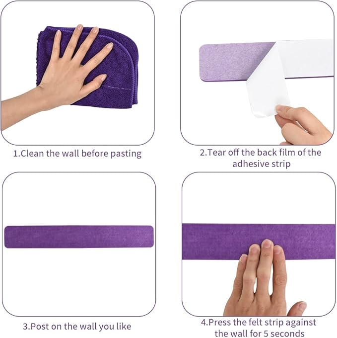 Vuzvuv 8 pcs Bulletin Board Bar Strips with 50 Pushpins & 10 Wooden Clip pins，Self Adhesive Cork Board for Wall，Felt Pin Board for School，Office Decor(Purple Rose)