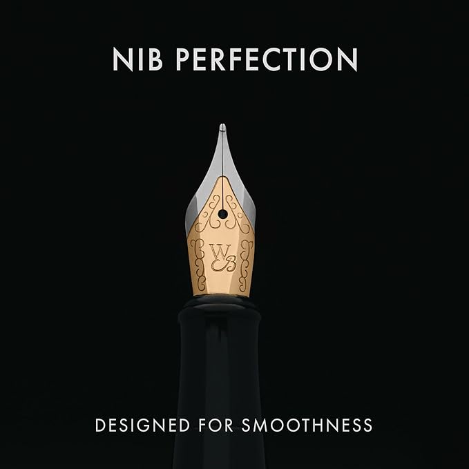 Wordsworth & Black Fountain Pen Set, 18K Gilded Medium Nib, Includes 24 Pack Ink Cartridges, Ink Refill Converter & Gift Pouch, Gold Finish, Calligraphy, [Black Gold], Perfect for Men & Women