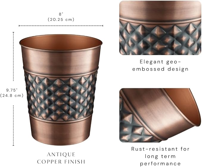 Monarch Abode Metal Bathroom Trash Can – Waste Basket for Bedroom, Office Desk, & Dorm, Handcrafted Geo Embossed, Durable Decorative Antique Copper Small Trash Can Bathroom Garbage Bin Wastebasket