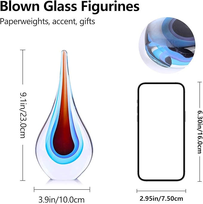 9" Tall Sculpture Hand Blown Glass Decor, Paperweight for Office Desk, Modern Glass Art Figurines Mediterranean Beach House Decor, Living Room Coffee Shelves Table Top Decoration (Red Blue)