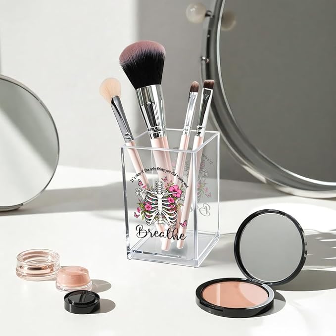 Vgrti It's Okay Only Breathe Acrylic Cosmetic Pencil Pen Holder Cup, Skeleton Desk Organizer Accessories for Office, Inspirational Gifts for Women Girl Coworker Therapist Teacher Respiratory Doctor