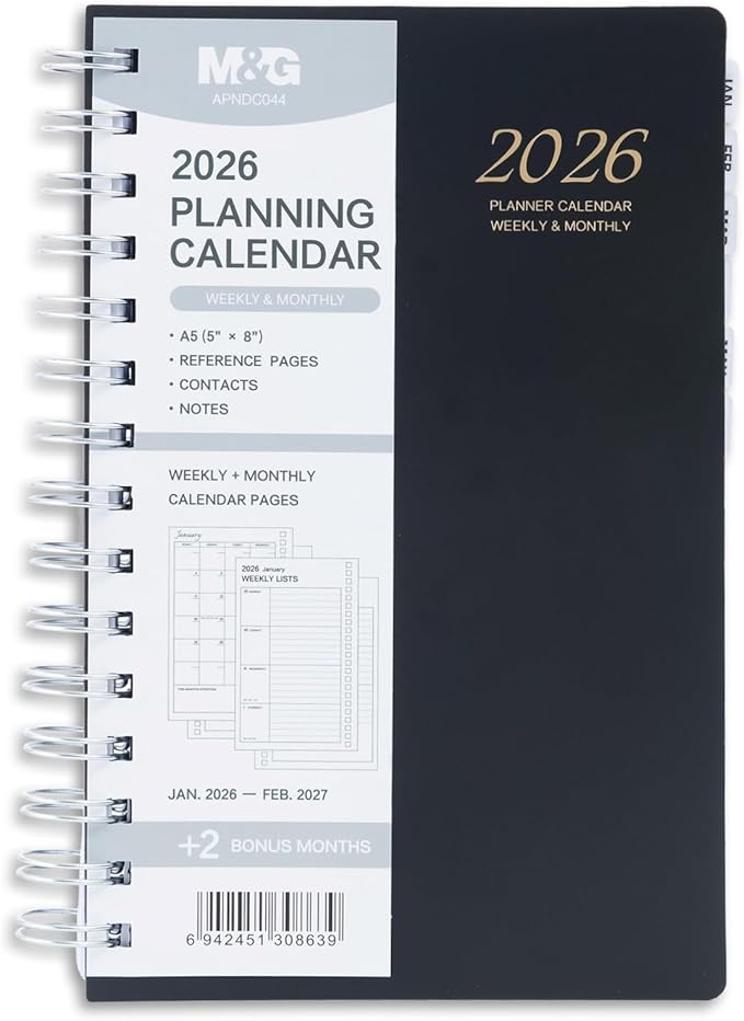 M&G 2026 Planner, Weekly and Monthly Planner Calendar, Jan 2026-Feb 2027 Agenda Book With Monthly Tabs for School Work Home Supplies, A5 8x5