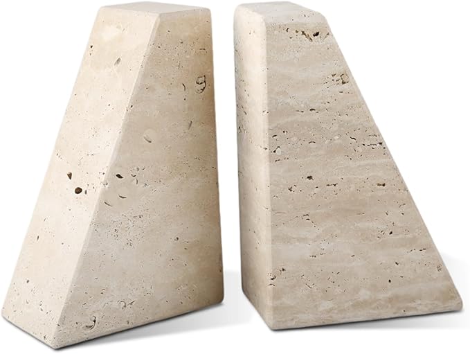 Karibiber Travertine Bookends for Heavy Books, Marble Decorative Bookends for Shelves, Heavy-Duty Stone Book Ends for Hardback Book & Cookbooks, Unique Book Stopper & Holder, Travertino Italy