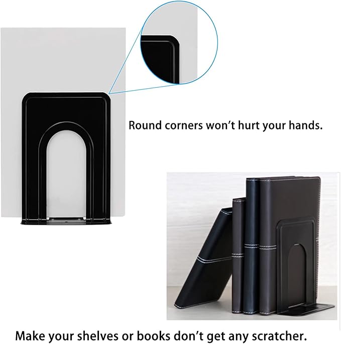 Book Ends, Heavy Duty Bookends to Hold Books, Metal Bookends for Home Office Decorative, Book Ends for Heavy Books/Movies/CDs, Black 6.5 x 5 x 5.7 in, 4 Pair/ 8 Piece by Mkyuroa