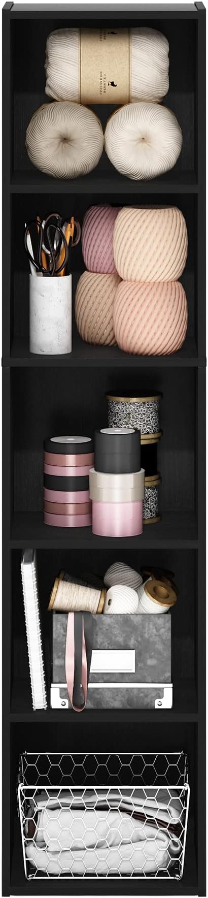 Furinno PASIR Book Shelf, 5-Tier Modern Bookshelf, Open Shelves Bookcase 9 x 12 x 52, for Living Room, Bedroom, Home Office, Blackwood
