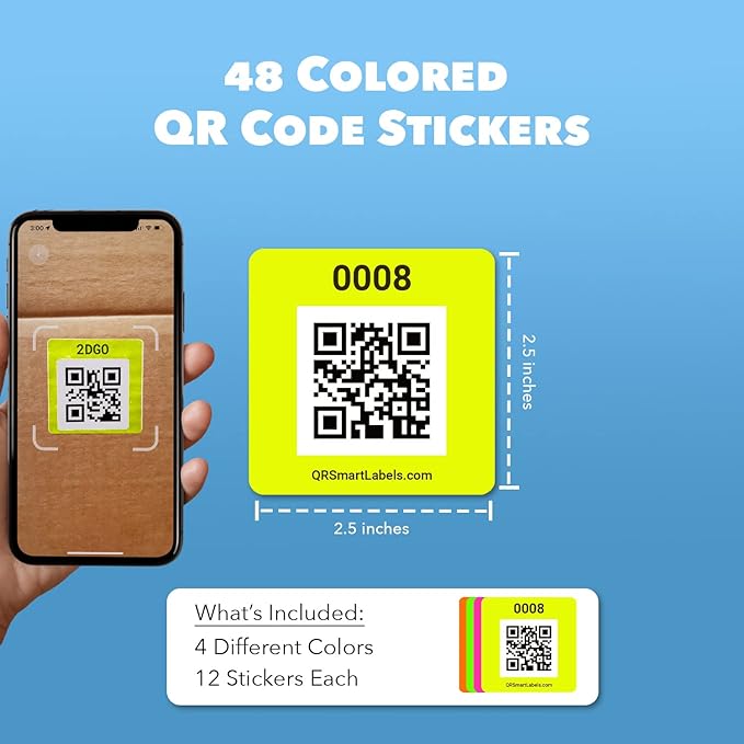 Smart Labels QR Code Stickers Pack of 48 (Neon) Made in USA - QR Code Labels for Storage & Inventory Tracking, Storage Unit Organization, App Stickers for Inventory Organization & Moving Supplies