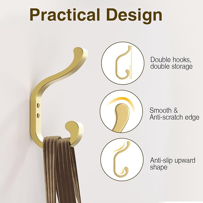 bussdis Large Wall Hooks for Hanging Coats: Heavy Duty Wall-Mount Hanger (Hold 30 LB), Mudroom Hooks for Clothes, Backpack, Purse, Bathroom Towel (Gold, 4 Pack)
